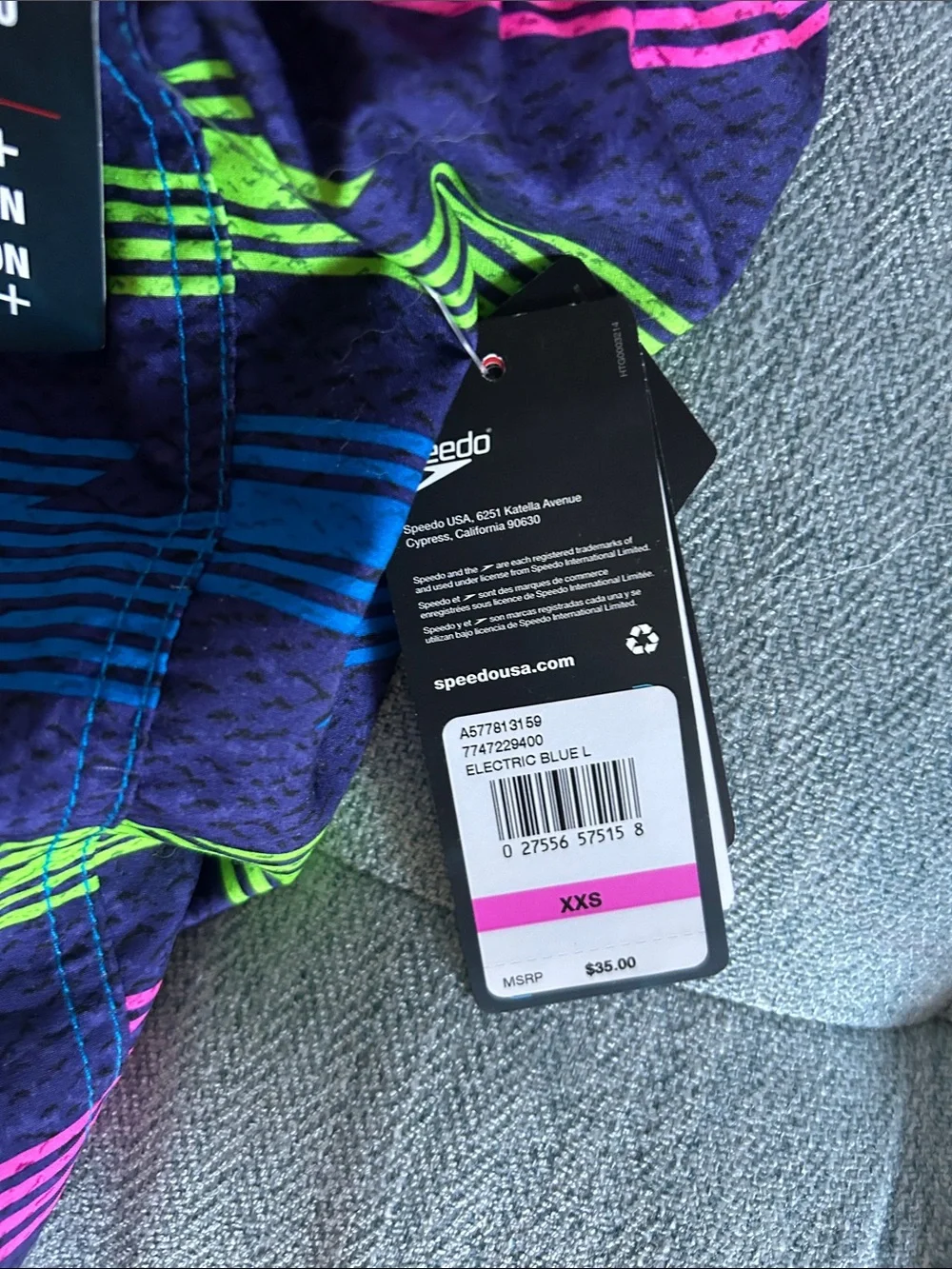 NWT Speedo Boys Navy Swim Trunks with Blue, Pink & Lime Stripes